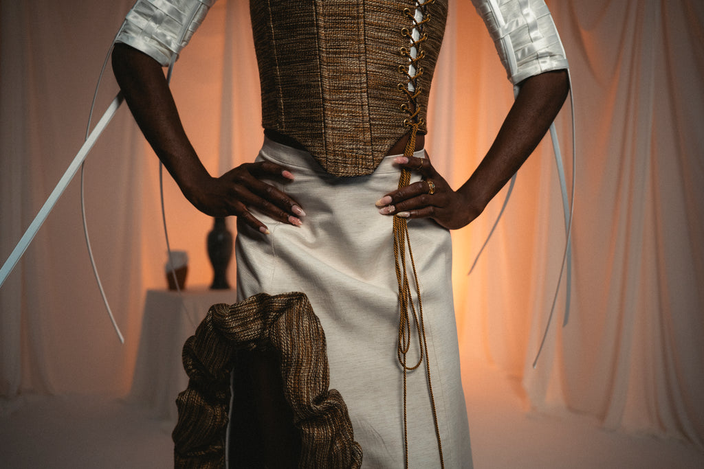 Nefer Sculptural Dress: Herringbone Corset & Voluminous Skirt